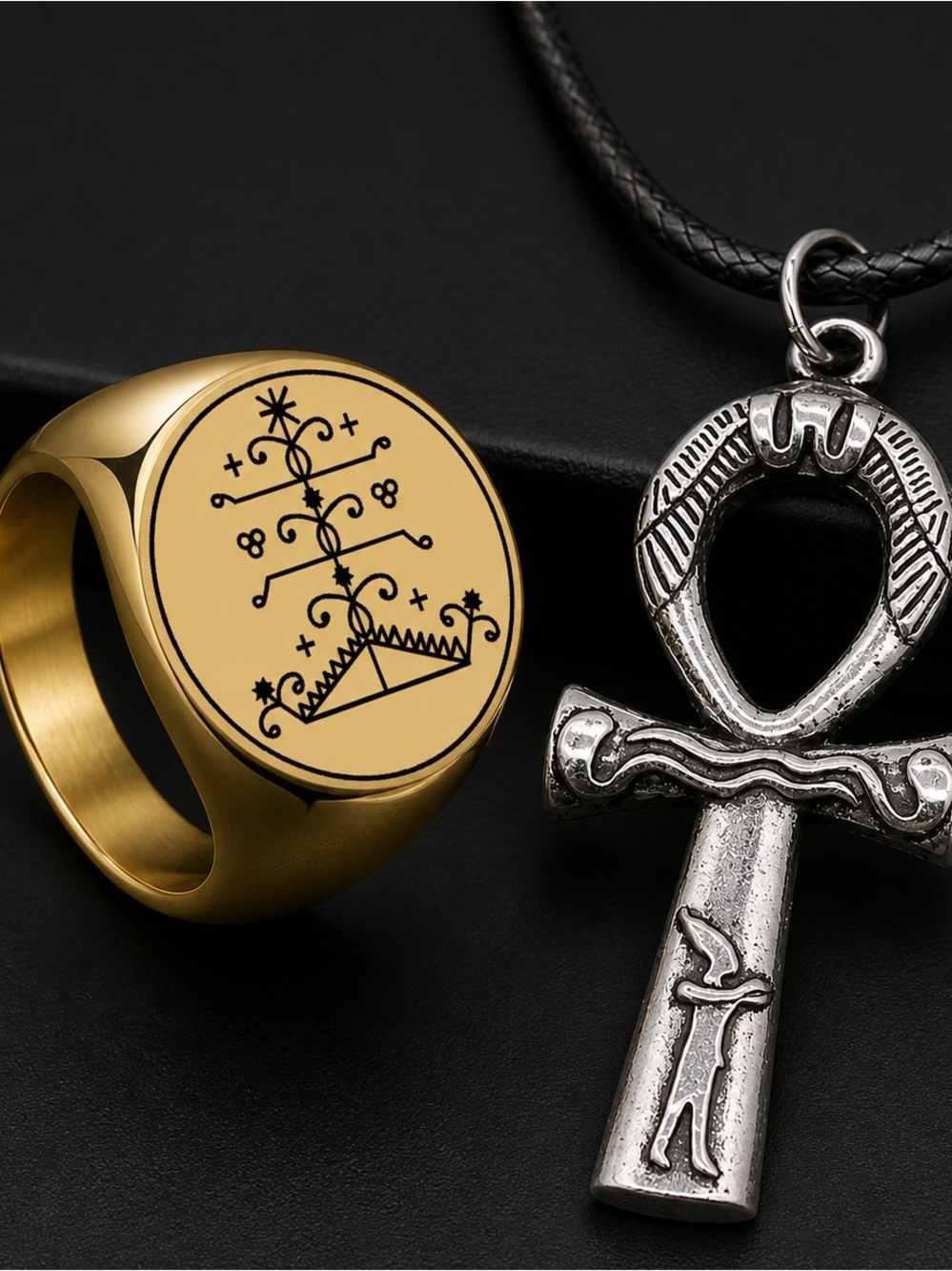 Ogou Feray Vèvè Ring Set with Ankh Necklace – Afro-Haitian Spiritual Protection